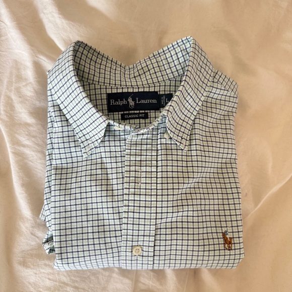 Ralph Lauren Classic Fit Button-Down Shirt Green Navy Check – Size L - Picture 8 of 9